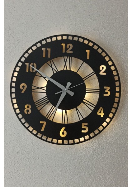 Siyah Işıklı Ahşap Duvar Saati, Modern ve Şık Dekoratif Tasarım fırsatları