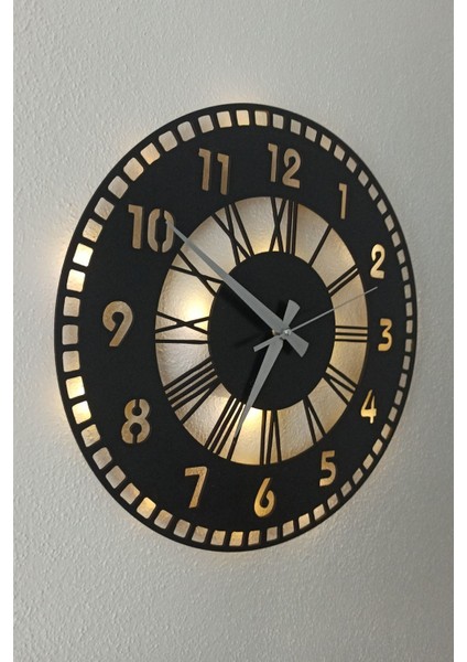 Siyah Işıklı Ahşap Duvar Saati, Modern ve Şık Dekoratif Tasarım indirimleri