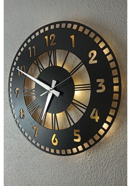 Siyah Işıklı Ahşap Duvar Saati, Modern ve Şık Dekoratif Tasarım