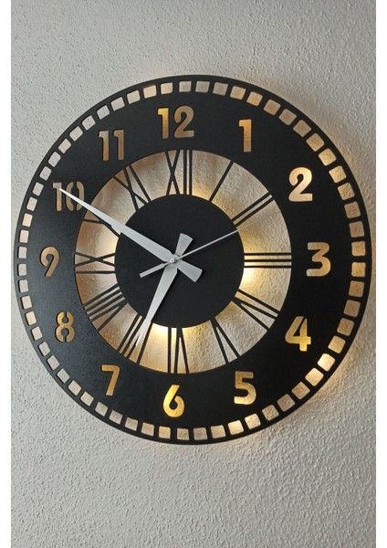 Siyah Işıklı Ahşap Duvar Saati, Modern ve Şık Dekoratif Tasarım