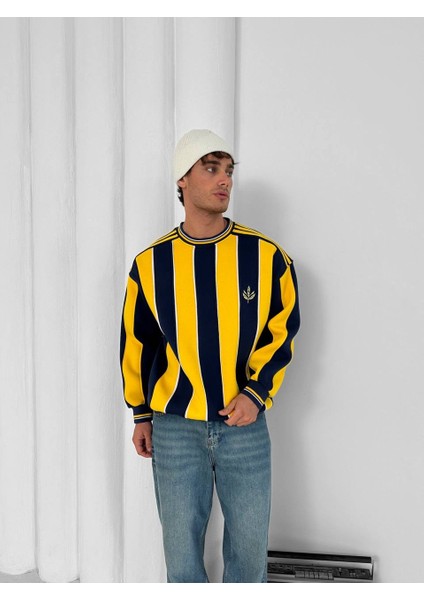 Sarı Lacivert Çizgili 3 Iplik Şardonlu Sıfır Yaka Retro Oversize Taraftar Sweatshirt