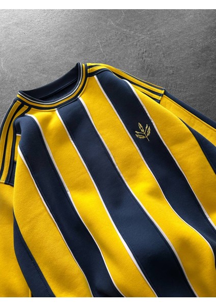 Sarı Lacivert Çizgili 3 Iplik Şardonlu Sıfır Yaka Retro Oversize Taraftar Sweatshirt fiyatları