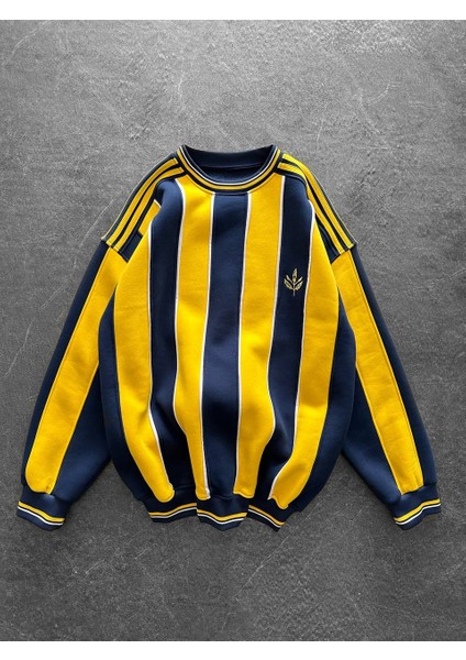 Sarı Lacivert Çizgili 3 Iplik Şardonlu Sıfır Yaka Retro Oversize Taraftar Sweatshirt modelleri