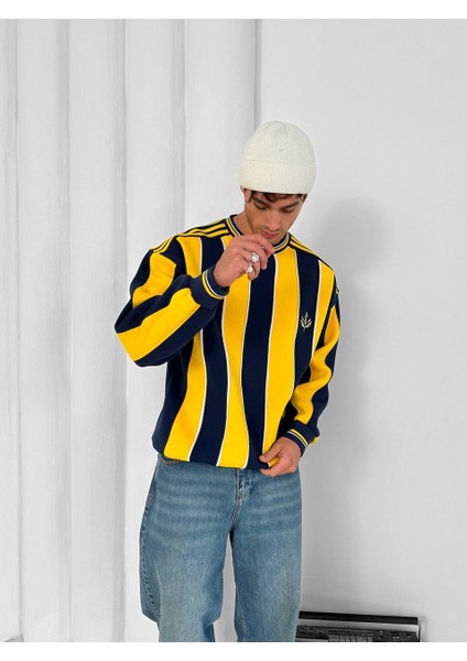 Sarı Lacivert Çizgili 3 Iplik Şardonlu Sıfır Yaka Retro Oversize Taraftar Sweatshirt fırsatları