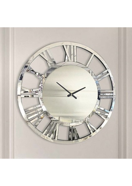 Modern Tarz Gümüş Duvar Saati, Aynalı, Roma Rakamlı, 40X40 Cm, Özel Tasarım