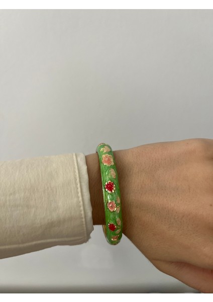 Mineli Bileklik Kelepçe Yeşil Bileklik Çiçek Desenli Mineli Bilezik Mineli Bileklik Çiçek Kelepçe Vintage Tasarım Kelepçe Bilezik 1ADET