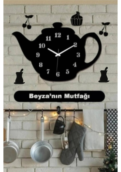 Dekorlu Ahşap Mutfak Duvar Saati 50X30CM, Kişiye Özel, Siyah Renk
