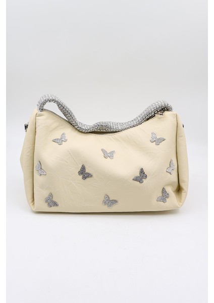 Marka Ithal Kelebek Aksesuarlı Taş Kulp Kadın Şık Çanta KB892 - Bej