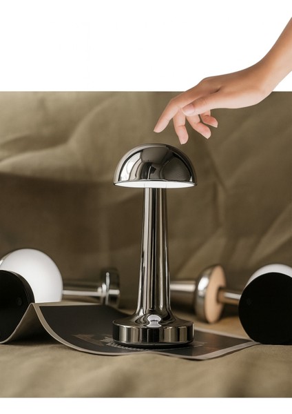 Dokunmatik Mantar Masa Lambası, Usb-C Şarjlı, LED Işık, 3 Mod, Gümüş