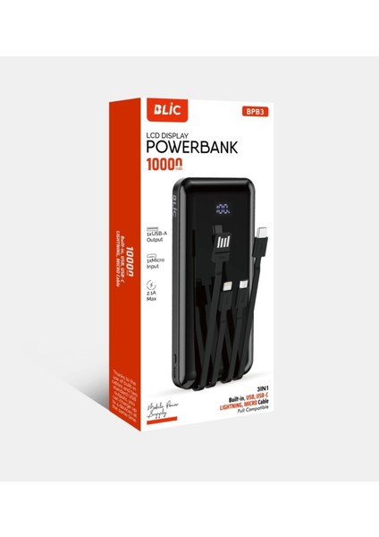 Bpb3 10.000MAH LCD Ekranlı Powerbank | 3in1 Dahili Kablolu, 2.1A Hızlı Şarj, Usb-A & Usb-C Giri modelleri
