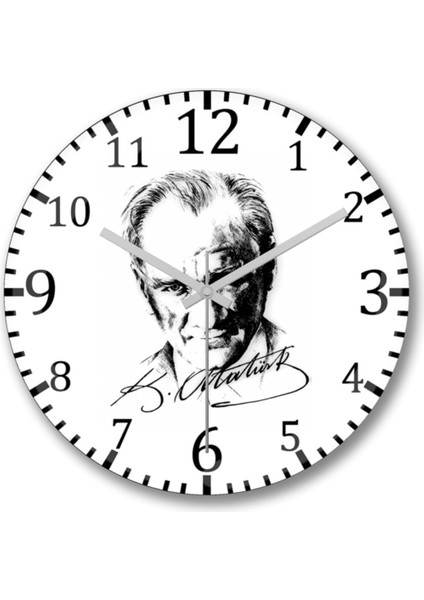 Beyaz Atatürk Imzalı Bombeli Gerçek Cam Duvar Saati
