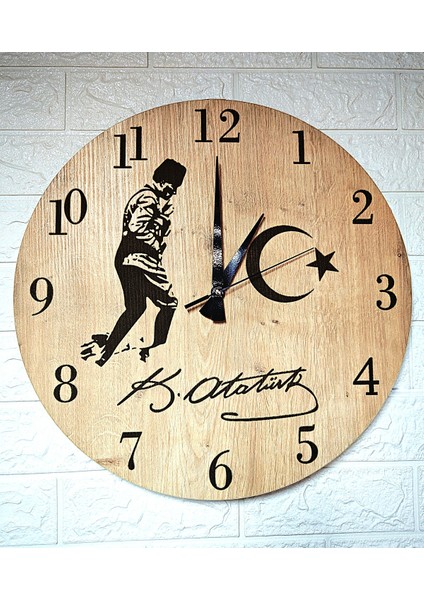 Bej Ahşap Desenli Lazer Işlemeli Atatürk Saat 44CM fiyatları