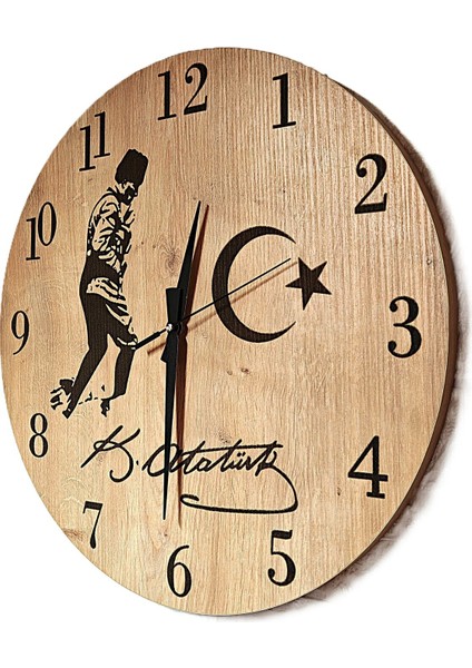 Bej Ahşap Desenli Lazer Işlemeli Atatürk Saat 44CM modelleri