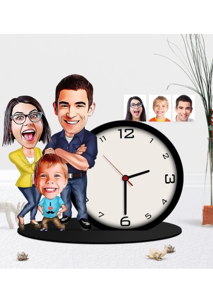 Kişiye Özel Aile Karikatürlü Ahşap Biblo ve Saat Seti, Renkli Tasarım