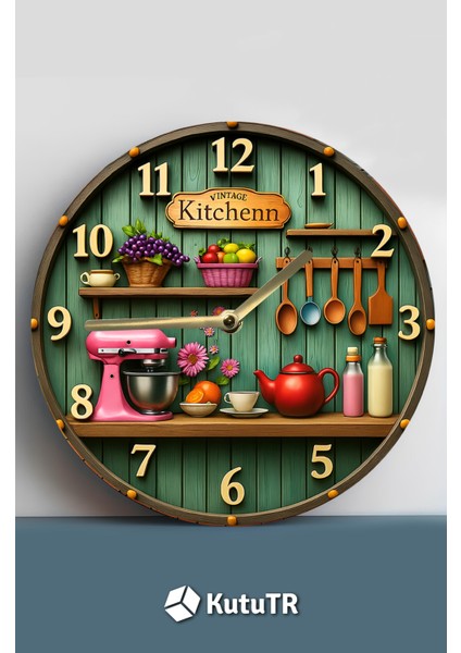 Uv Baskılı 3D Görünümlü Mutfak Temalı Ahşap Duvar Saati 33X33 cm