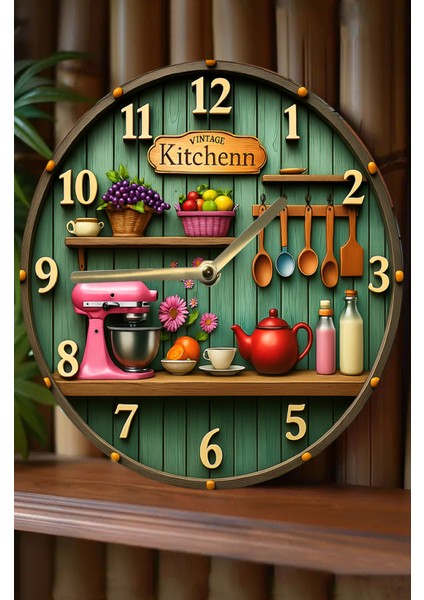Uv Baskılı 3D Görünümlü Mutfak Temalı Ahşap Duvar Saati 33X33 cm fiyatları