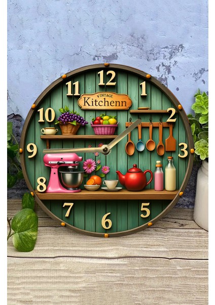 Uv Baskılı 3D Görünümlü Mutfak Temalı Ahşap Duvar Saati 33X33 cm modelleri