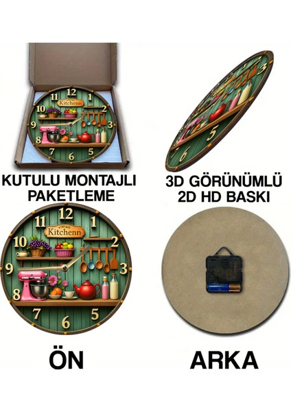 Uv Baskılı 3D Görünümlü Mutfak Temalı Ahşap Duvar Saati 33X33 cm indirimleri