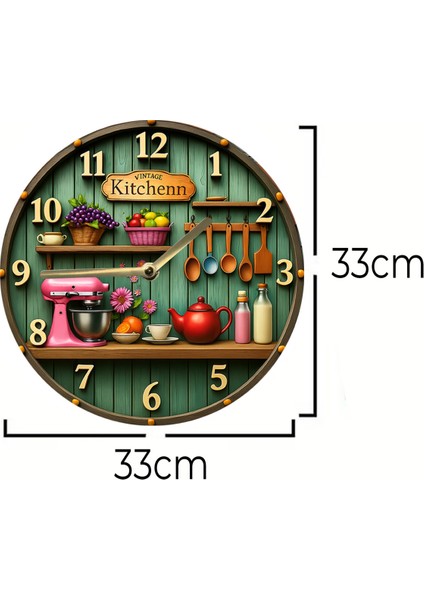 Uv Baskılı 3D Görünümlü Mutfak Temalı Ahşap Duvar Saati 33X33 cm
