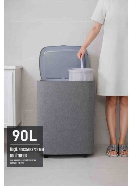 2 Bölmeli 90 Lt Tekerlekli Kirli Çamaşır Sepeti – Kapaklı, Çıkarılabilir Torbalı, Gri Kumaş Tasarım