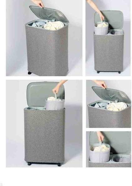 2 Bölmeli 90 Lt Tekerlekli Kirli Çamaşır Sepeti – Kapaklı, Çıkarılabilir Torbalı, Gri Kumaş Tasarım fiyatları