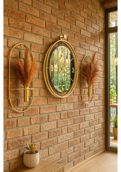 Bej Tınattı Gold Türk Rakamlı Duvar Saati ve Çiçeklik Seti