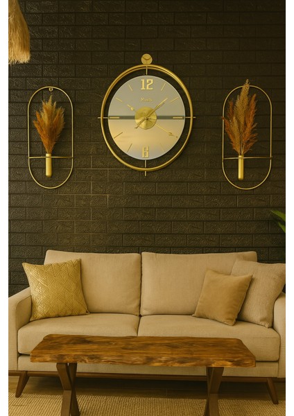 Bej Tınattı Gold Türk Rakamlı Duvar Saati ve Çiçeklik Seti modelleri