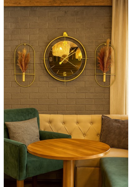 Bej Tınattı Gold Türk Rakamlı Duvar Saati ve Çiçeklik Seti fırsatları