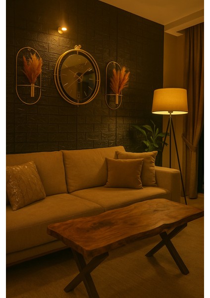 Bej Tınattı Gold Türk Rakamlı Duvar Saati ve Çiçeklik Seti