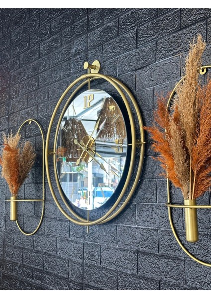 Bej Tınattı Gold Türk Rakamlı Duvar Saati ve Çiçeklik Seti