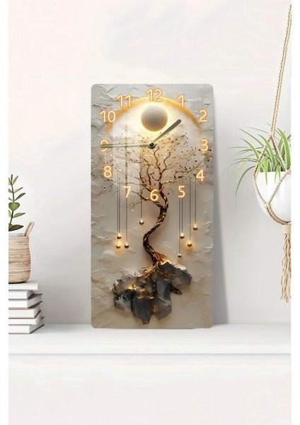 Renkli Cam Tablo Saat, Hayat Ağacı ve Güneş Halkası Deseni, 30X60 cm