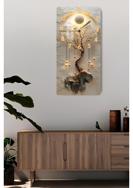 Renkli Cam Tablo Saat, Hayat Ağacı ve Güneş Halkası Deseni, 30X60 cm fiyatları