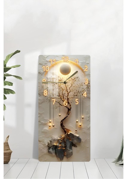 Renkli Cam Tablo Saat, Hayat Ağacı ve Güneş Halkası Deseni, 30X60 cm modelleri