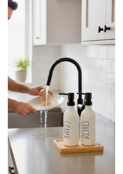 330 ml Bambu Standlı Sıvı Sabunluk & Deterjanlık – Beyaz Tezgah Üstü Banyo, Mutfak, Lavabo