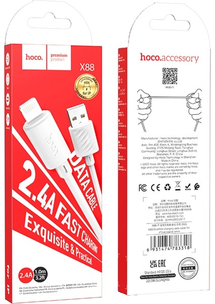 Hoco. X88 1m USB To Lightning Şarj Data Kablosu - Beyaz modelleri
