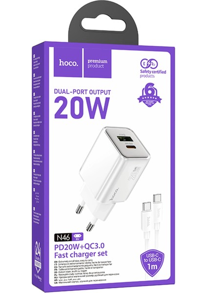 Hoco. N46 Glorious 1 Adet Type-C ve 1 Adet USB Çıkışlı Ekstra Type-C To Type-C Kablolu 20W Pd Hızlı Şarj Aleti - Beyaz fiyatları