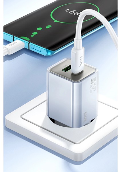 Hoco. N46 Glorious 1 Adet Type-C ve 1 Adet USB Çıkışlı Ekstra Type-C To Type-C Kablolu 20W Pd Hızlı Şarj Aleti - Beyaz modelleri