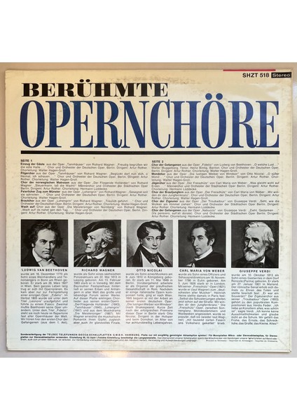 Berühmte Opernchöre Verdi Weber Wagner Beethoven Nicolai Lp Plak (Orijinal Dönem Alman Baskı Plak) fiyatları