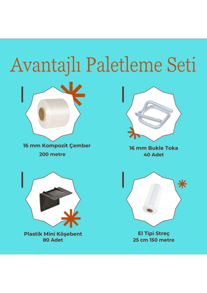16 mm Beyaz Kompozit Lifli Avantajlı Paletleme Seti ( 16 mm Beyaz Kompozit Lifli Çember, Plastik Köşebent, Streç Film, Bukle Toka )