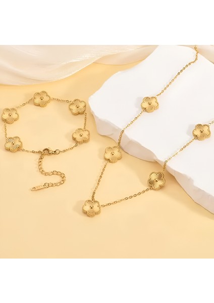 Moda Minimalist 316L Paslanmaz Çelik Titanyum Beş Yapraklı Çiçek Takı Seti - Benzersiz Tasarım Altın Bilezik ve Kolye Zinciri, Premium Çok Yönlü Bilezik + Kolye fırsatları