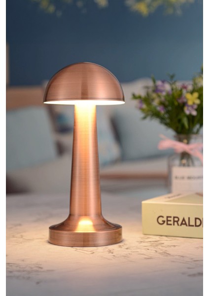 Pembe Retro Mantar Masa Lambası, Bakır Detaylı, Dimmerli, Şarjlı, Dekoratif ve Dokunmatik