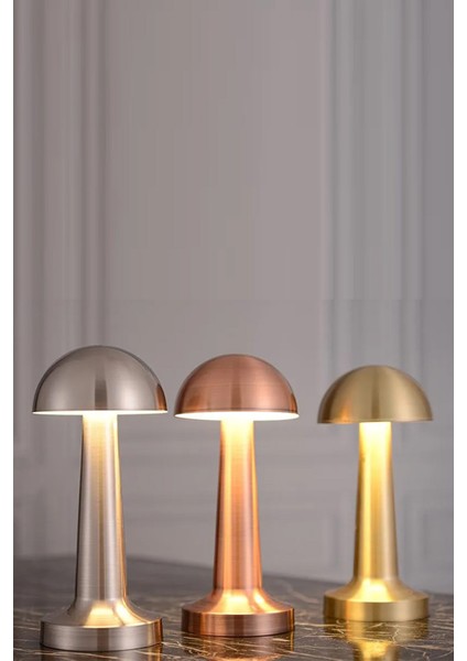 Pembe Retro Mantar Masa Lambası, Bakır Detaylı, Dimmerli, Şarjlı, Dekoratif ve Dokunmatik