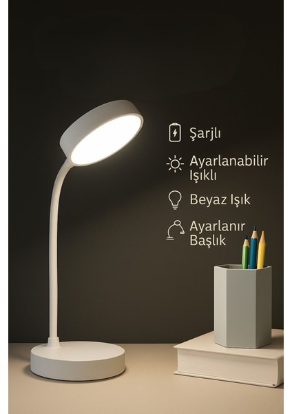 Şarjlı Yuvarlak Masa Lambası, Ayarlanabilir Renk ve Parlaklık, Çalışma ve Okuma Işığı