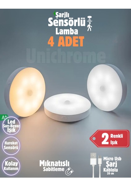 4'lü Renkli Hareket Sensörlü USB Şarjlı LED Işık Dolap Içi Gece Aydınlatması