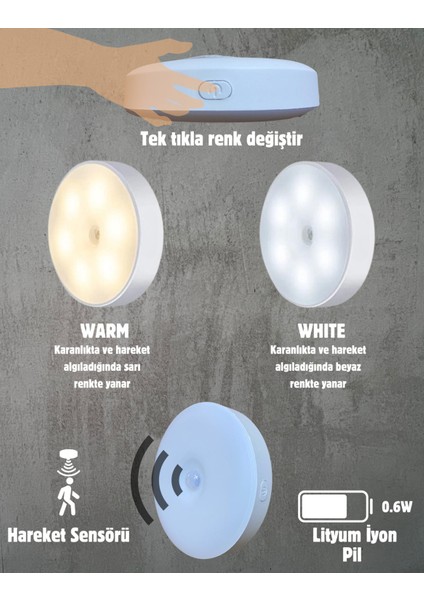 4'lü Renkli Hareket Sensörlü USB Şarjlı LED Işık Dolap Içi Gece Aydınlatması modelleri