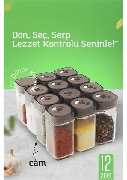Modacar Cam Tuzluk Baharatlık – 360° Döner Kapaklı | 3 Delik Tipiyle Ayarlanabilir Akış 12 Adet