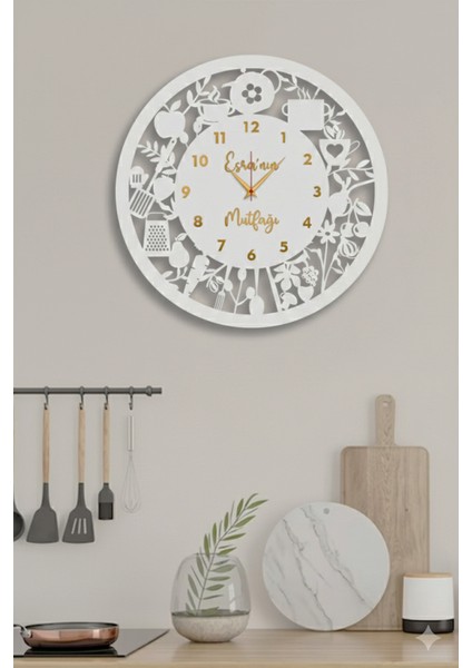 Şık Beyaz Dekoratif Mutfak Duvar Saati, Modern ve Şık Tasarım