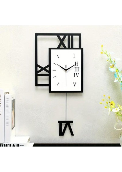 Şık Kare Tasarım Geometrik Roma Rakamlı Sallanan Sarkaçlı Duvar Saati Siyah