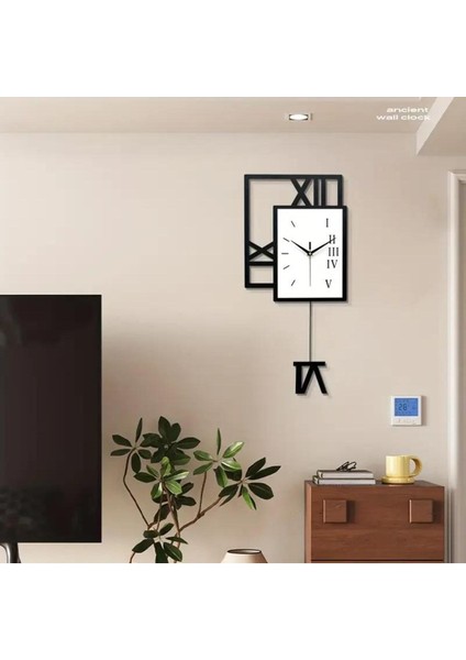 Şık Kare Tasarım Geometrik Roma Rakamlı Sallanan Sarkaçlı Duvar Saati Siyah fiyatları