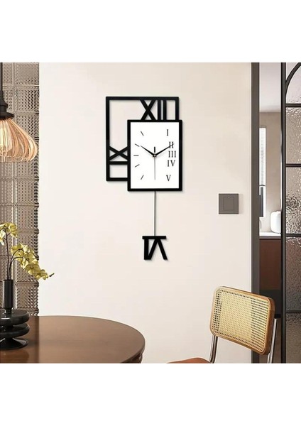 Şık Kare Tasarım Geometrik Roma Rakamlı Sallanan Sarkaçlı Duvar Saati Siyah modelleri